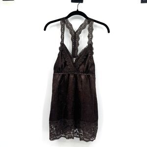Vintage Y2K Satin Lace Babydoll Top Sz M Brown Coquette Lace Trim Fairy Romantic